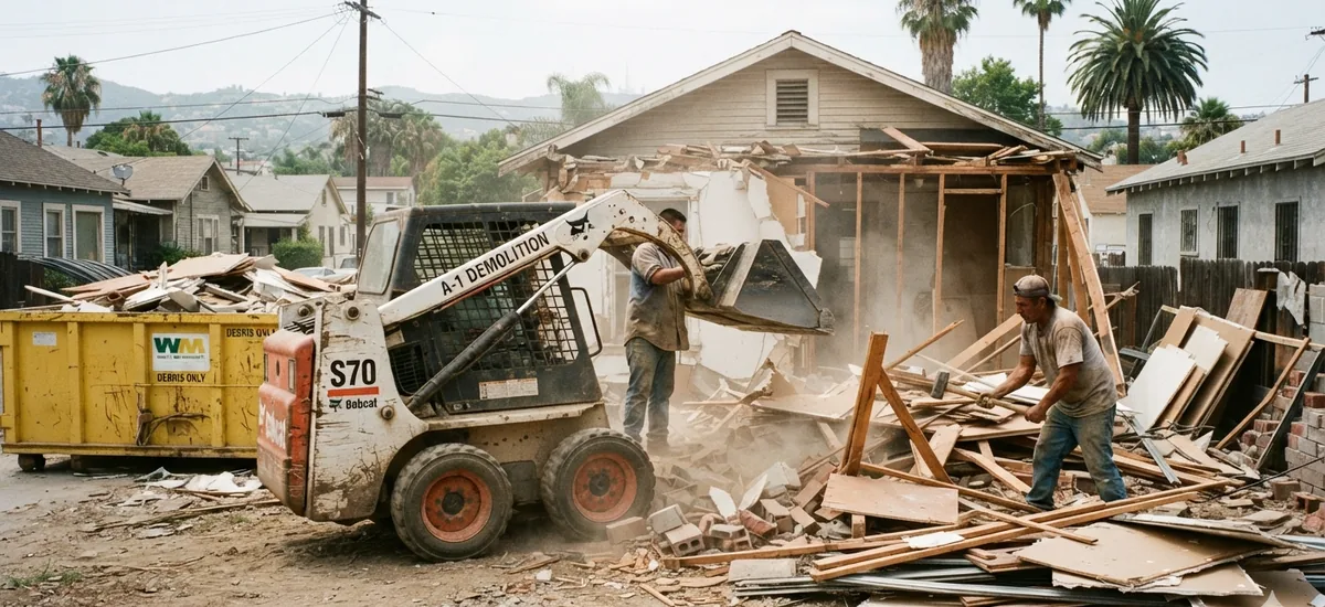 Full house structure demolition in progress by heavy excavator