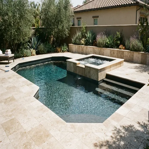 Completed gunite pool with natural stone deck backyard in Calabasas California